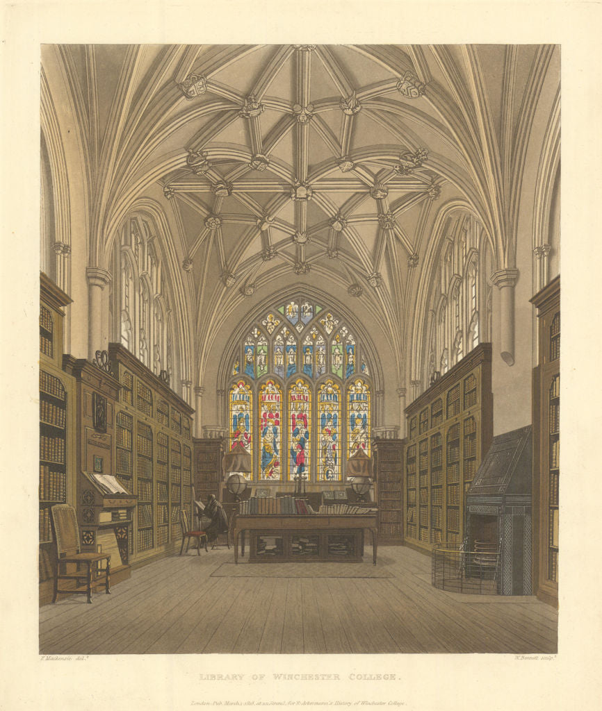 Library of Winchester College. Now Fromond’s Chantry. Ackermann's schools 1816